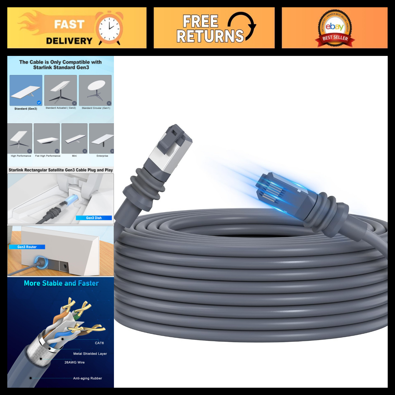 100FT High-Speed Waterproof Ethernet Cable for Starlink Gen 3/4/5 - 26AWG Extens