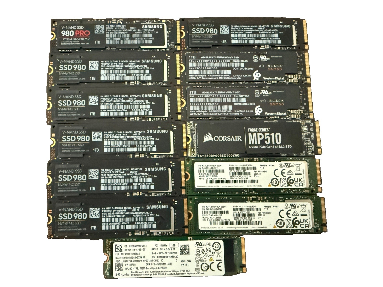 Lot of 13 1TB NVME drives mixed brands and models Samsung/WD black/corsair