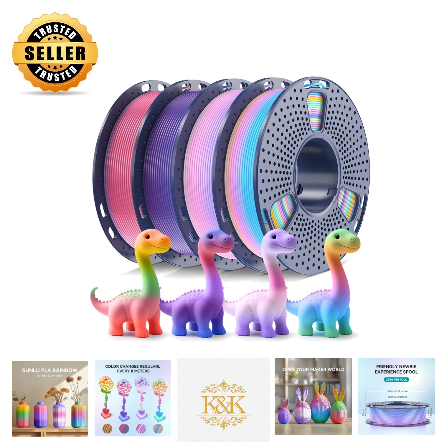 4x250g Rainbow PLA Filament Bundle for Creative 3D Printing - Fast Color Change