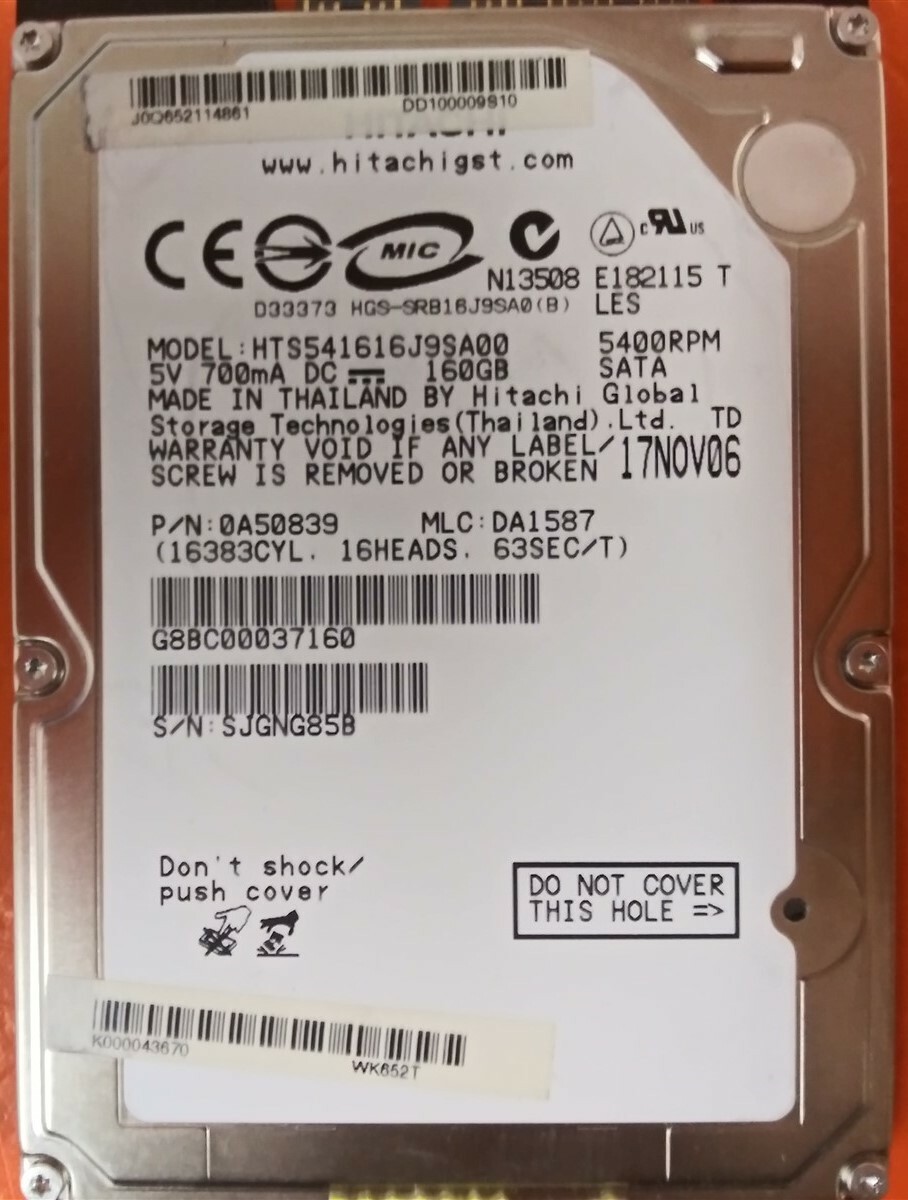 ⭐️⭐️⭐️⭐️⭐️ HDD Hard Drive SATA Laptop 2.5" Hitachi HTS541616J9SA00 160GB A50839