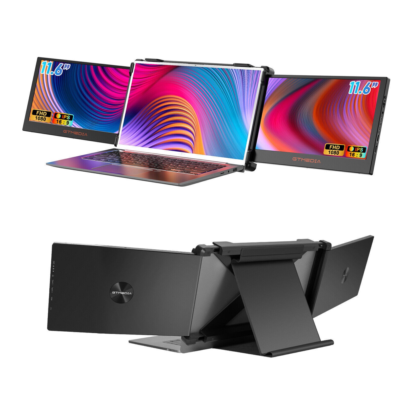 Dual Portable 1080P IPS Triple Monitor Screen Extender HDMI For 13-17.3" Laptops