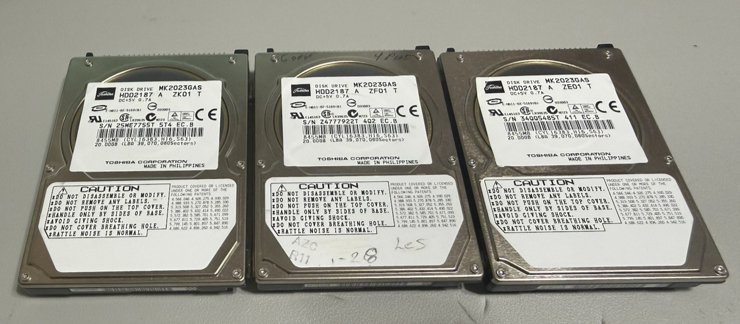 Lot of 3 - Toshiba 20GB 2.5" IDE Laptop HDD MK2023GAS HDD2187