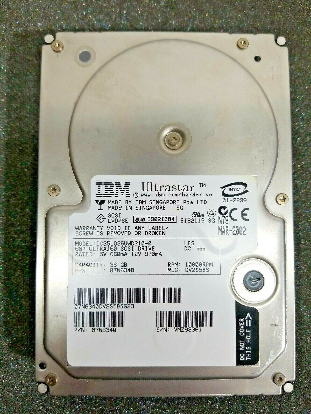 IBM ULTRASTAR PART #: 07N6340  MODEL: IC35L036UWD210-0