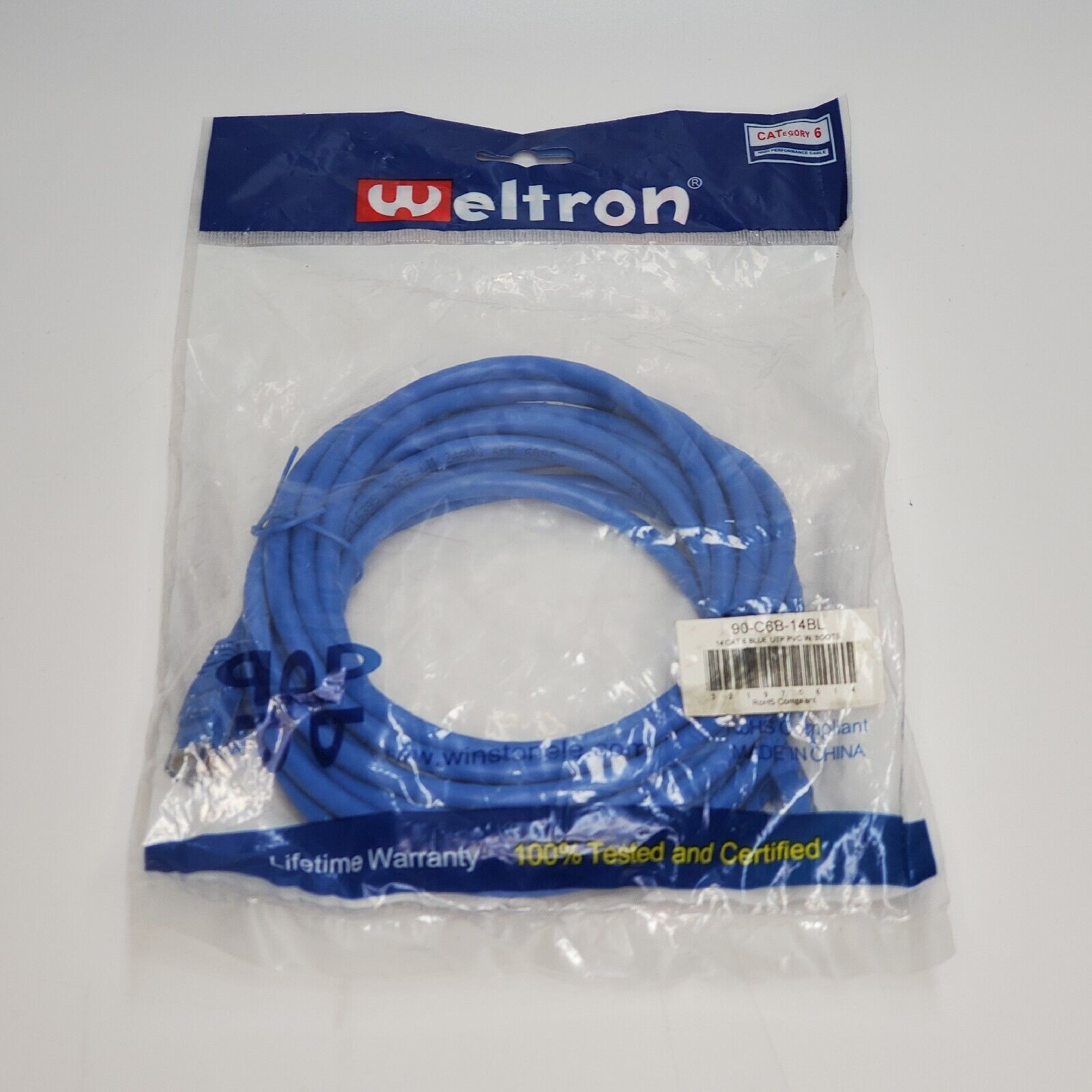 Weltron 14ft Cat 6 Blue UTP PVC W/Boots Patch Cable RoHS Compliant