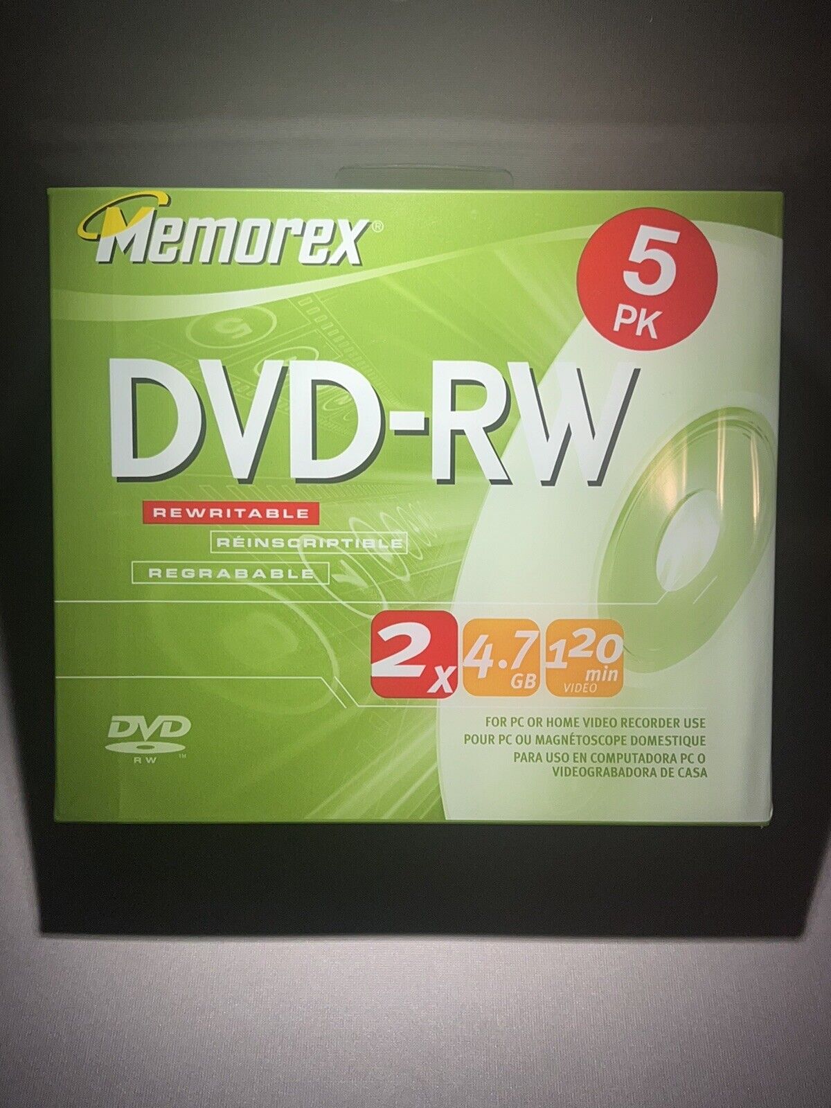 Brand New Memorex 5 Pack - DVD-RW 2x 4.7GB 120Min With Cases - Factory Sealed