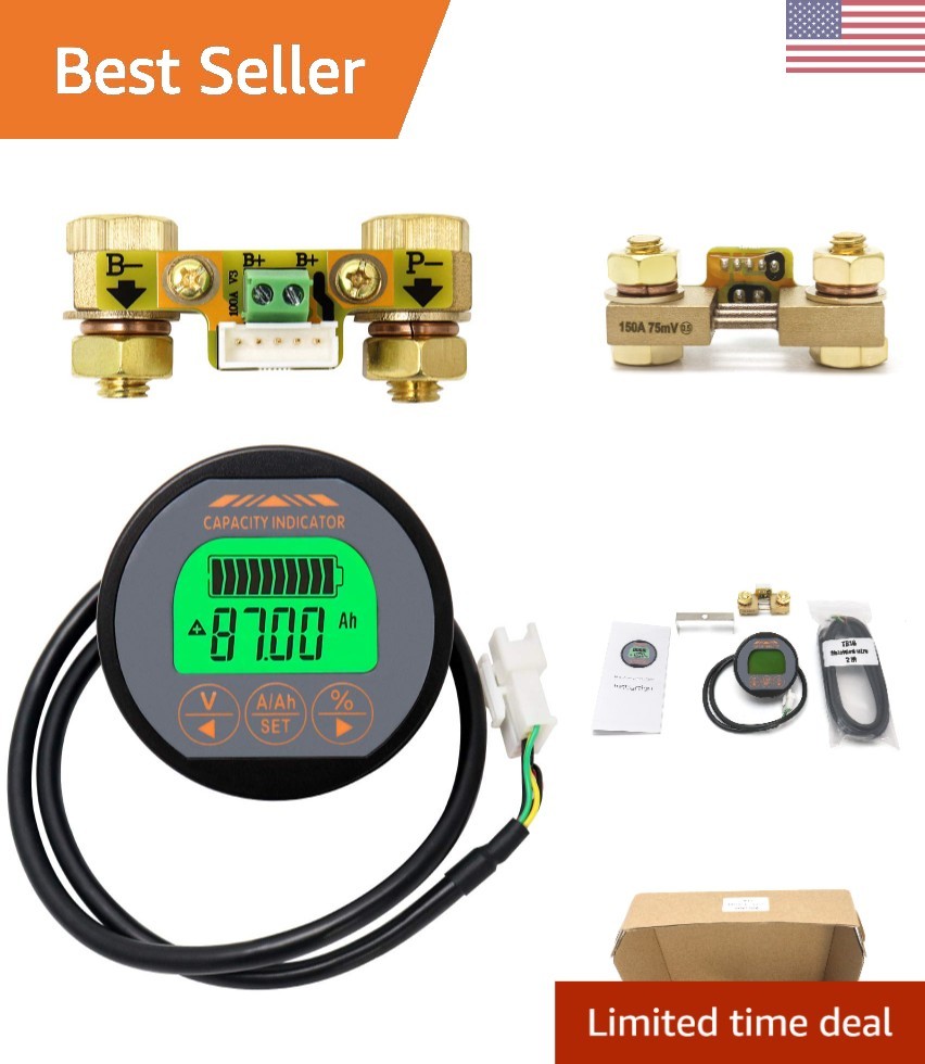 LCD Battery Monitor 8V-80V 0-100A with Custom 6.5 ft Cable for Accurate Readings