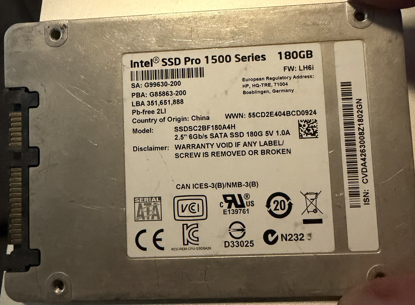 Intel Pro 1500 180GB 2.5" SATA SSD  Drive SSDSC2BF180A4H(HDD00017)