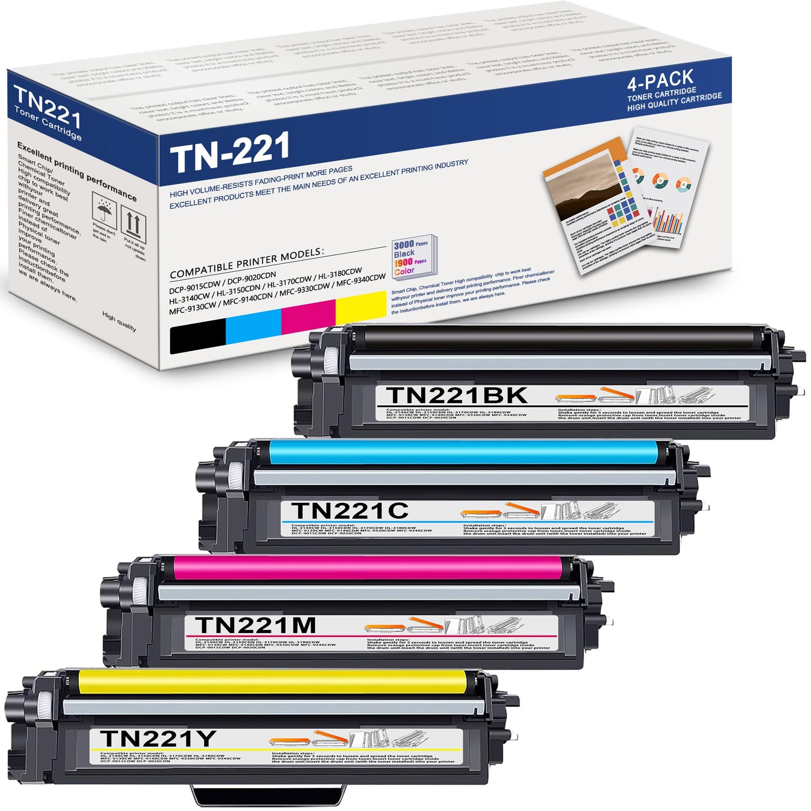 TN-221 Toner Cartridges 4 Pack Replacement Brother TN225 TN221 Toner Cartridges