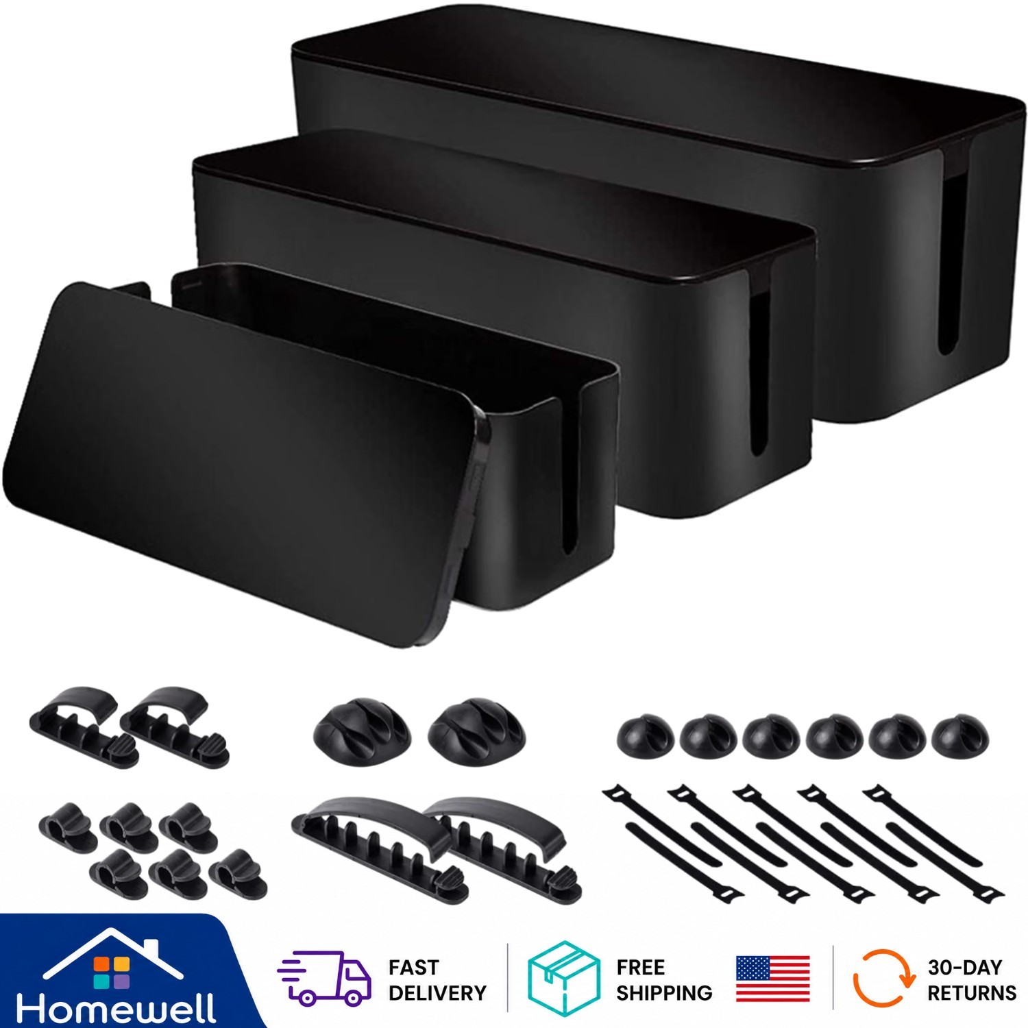 Elegant Under Desk Cable Organizer Box Set - 3 Sizes for Clutter-Free Living