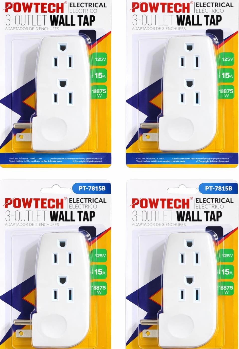 4 Pack Outlet Splitter 3 Way Wall Tap Grounded Plug 125V 15A White