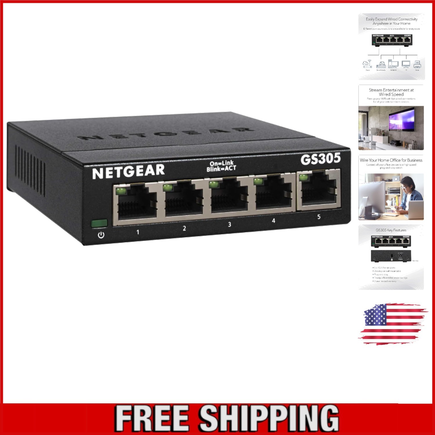 Compact 5-Port Gigabit Ethernet Switch GS305 - Metal Case, No Setup Needed