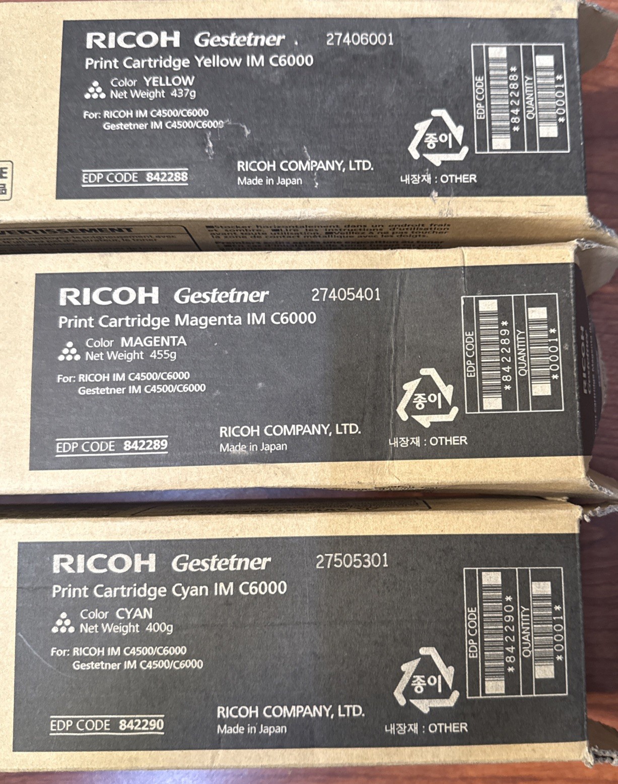 3 OEM Ricoh IM C6000 CMYK Toner Cart. 842288, 842289,8422890