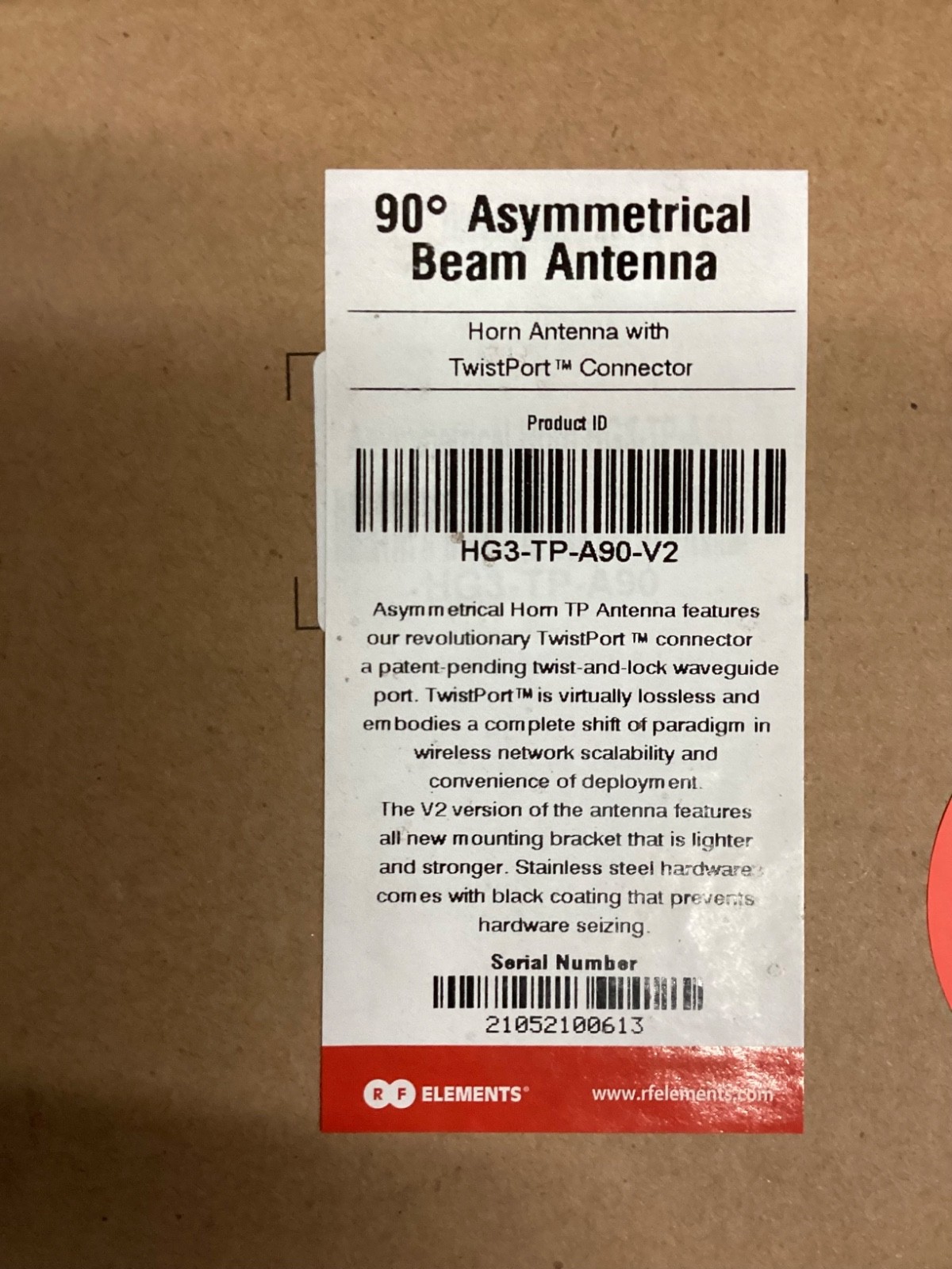 RF Elements 90 Asymmetrical Beam Antenna w/ TwistPort Connector HG3-TP-A90-V2