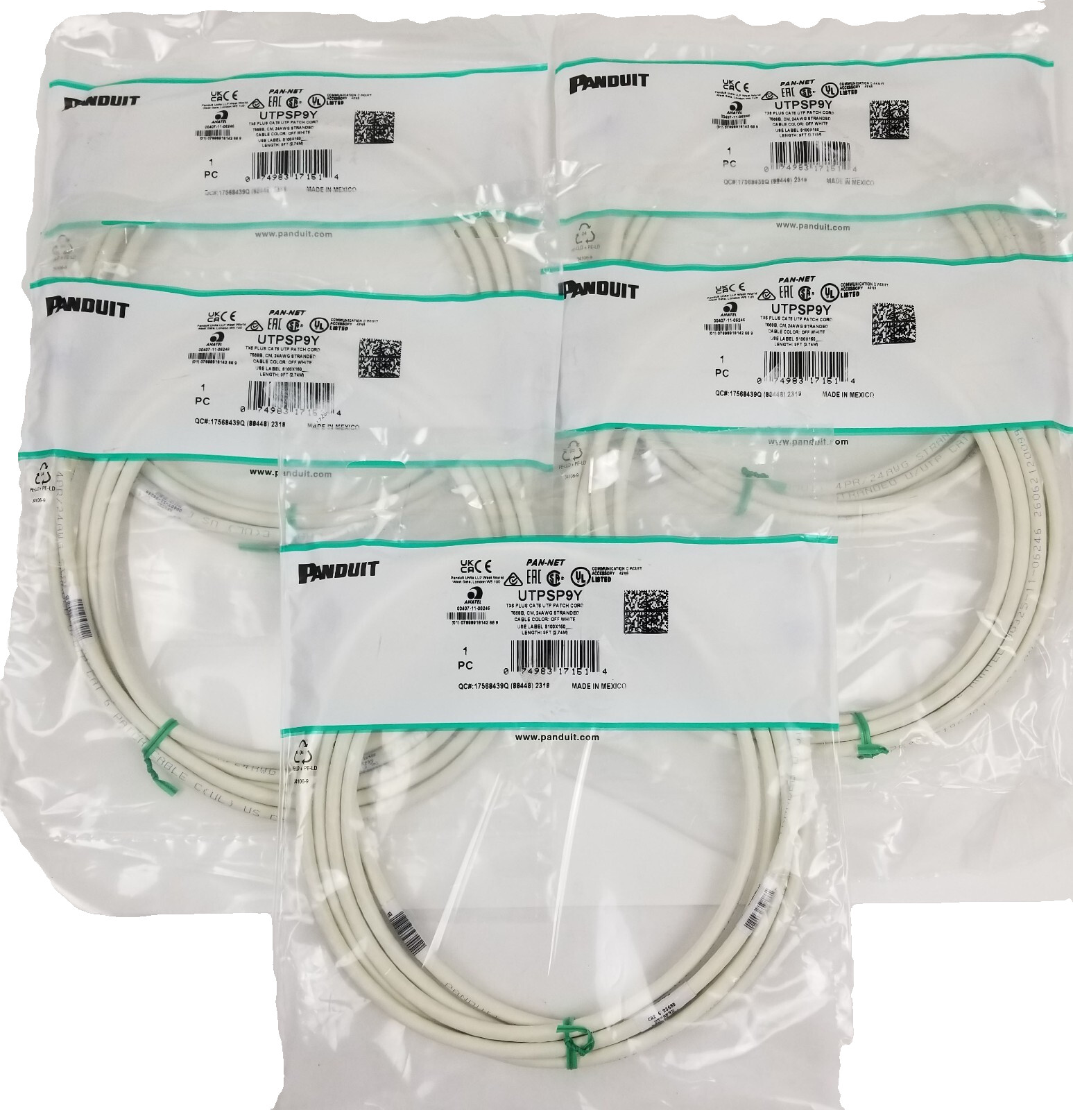5 Panduit UTPSP9Y Category 6 RJ45 Ethernet Patch Cords 9ft Booted TangleFree NEW