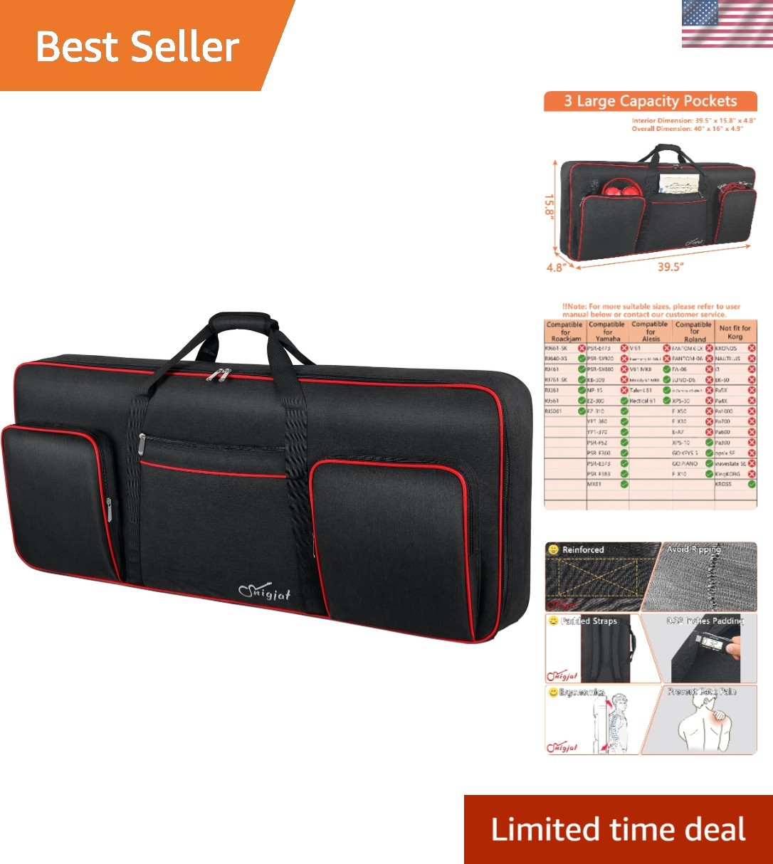 Portable 61 Key Keyboard Case, Waterproof with Padded Carrying Straps, Black+Red