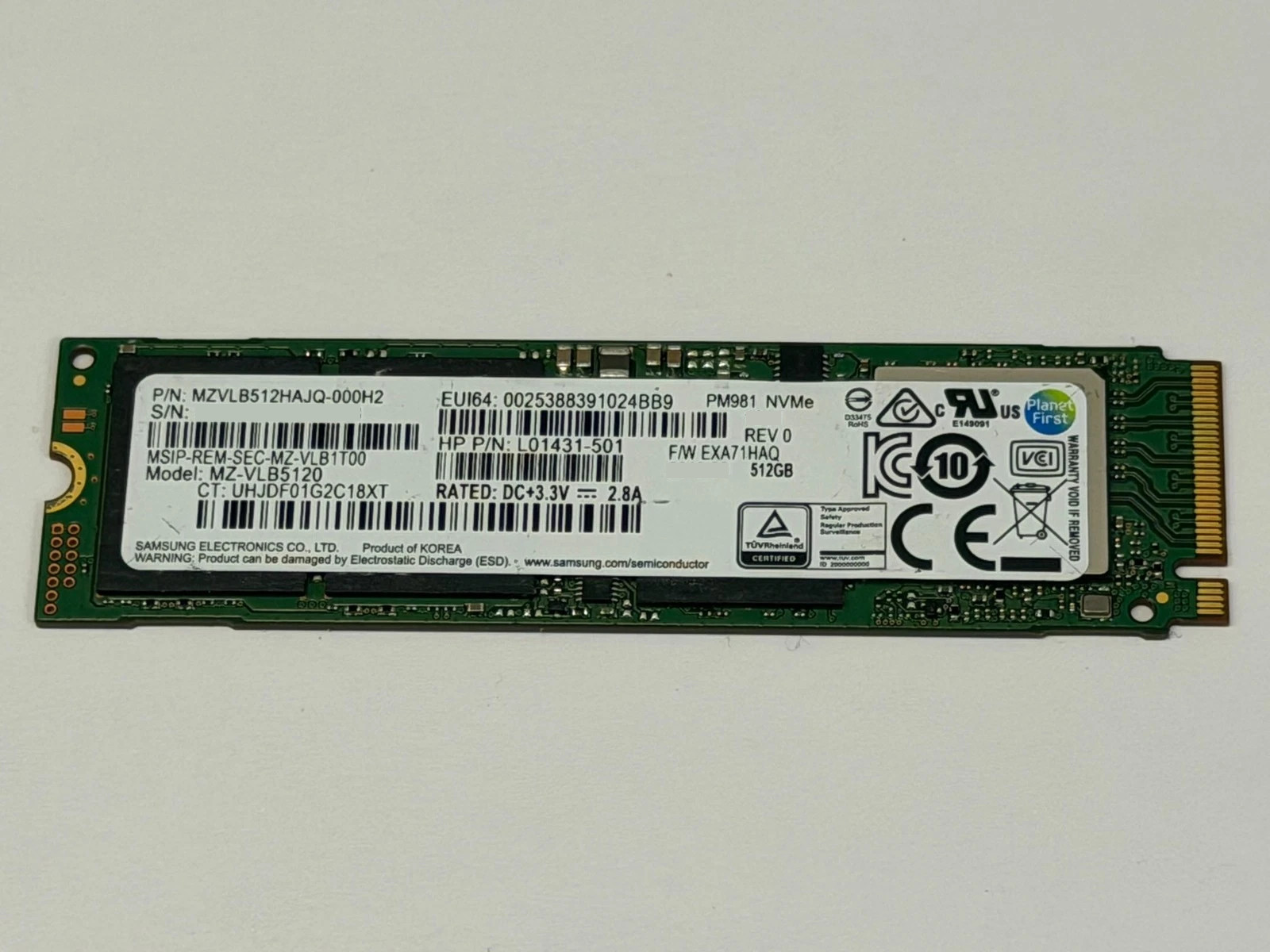 SAMSUNG PM981 512GB M.2 NVMe PCIe 3.0 x4 SSD MZ-VLB5120 HP L01431-501