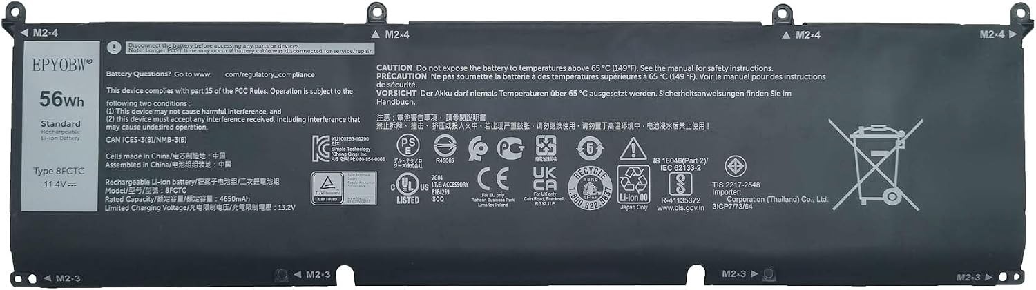 8FCTC Laptop Battery 56Wh 4650mAh 11.4V Series 8FCTC 69KF2 08FCTC Compatible
