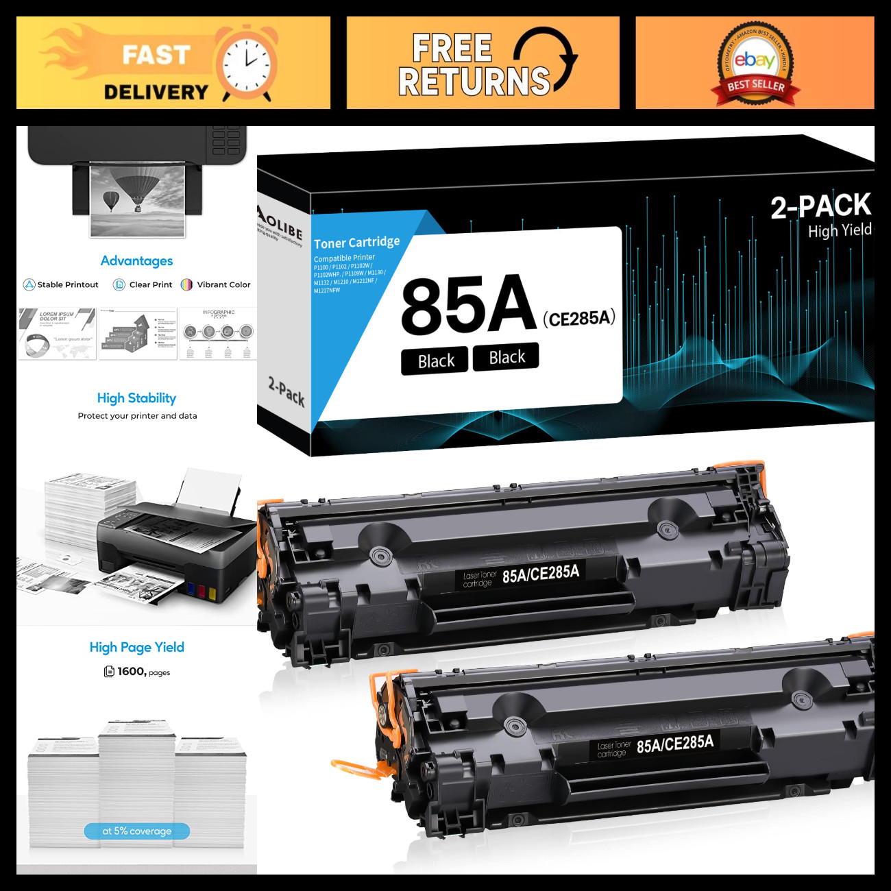 85A CE285A Compatible Black Toner Cartridge Replacement for HP Printers, 2-Pack