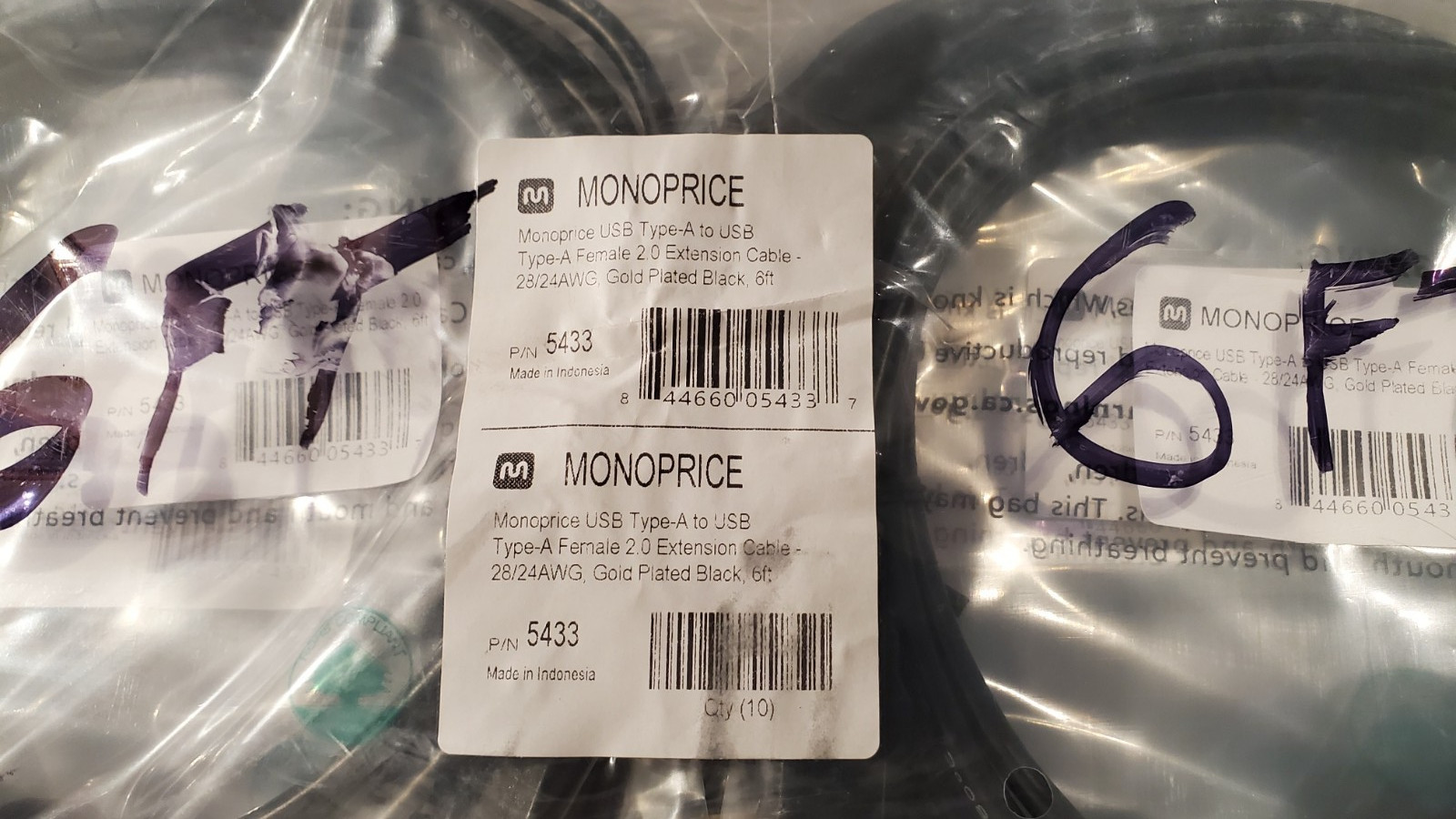 10-Pack MONOPRICE 5433 2.0 USB Cable 6ft Black Cord Gold Plated Factory Sealed