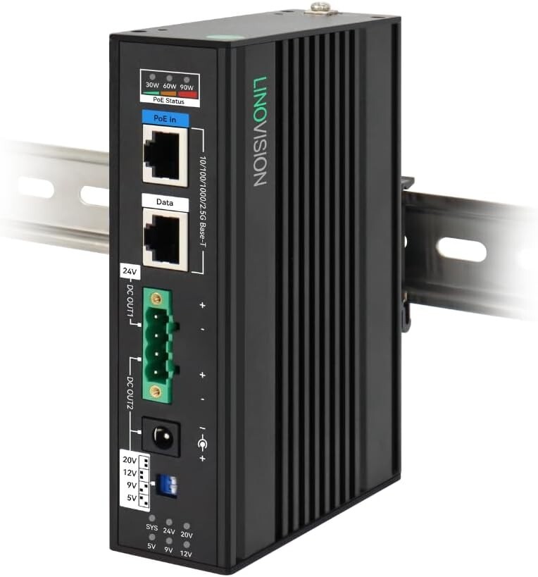 LINOVISION Industrial Gigabit POE+ Splitter with DC12V/DC24V/POE 24V Output