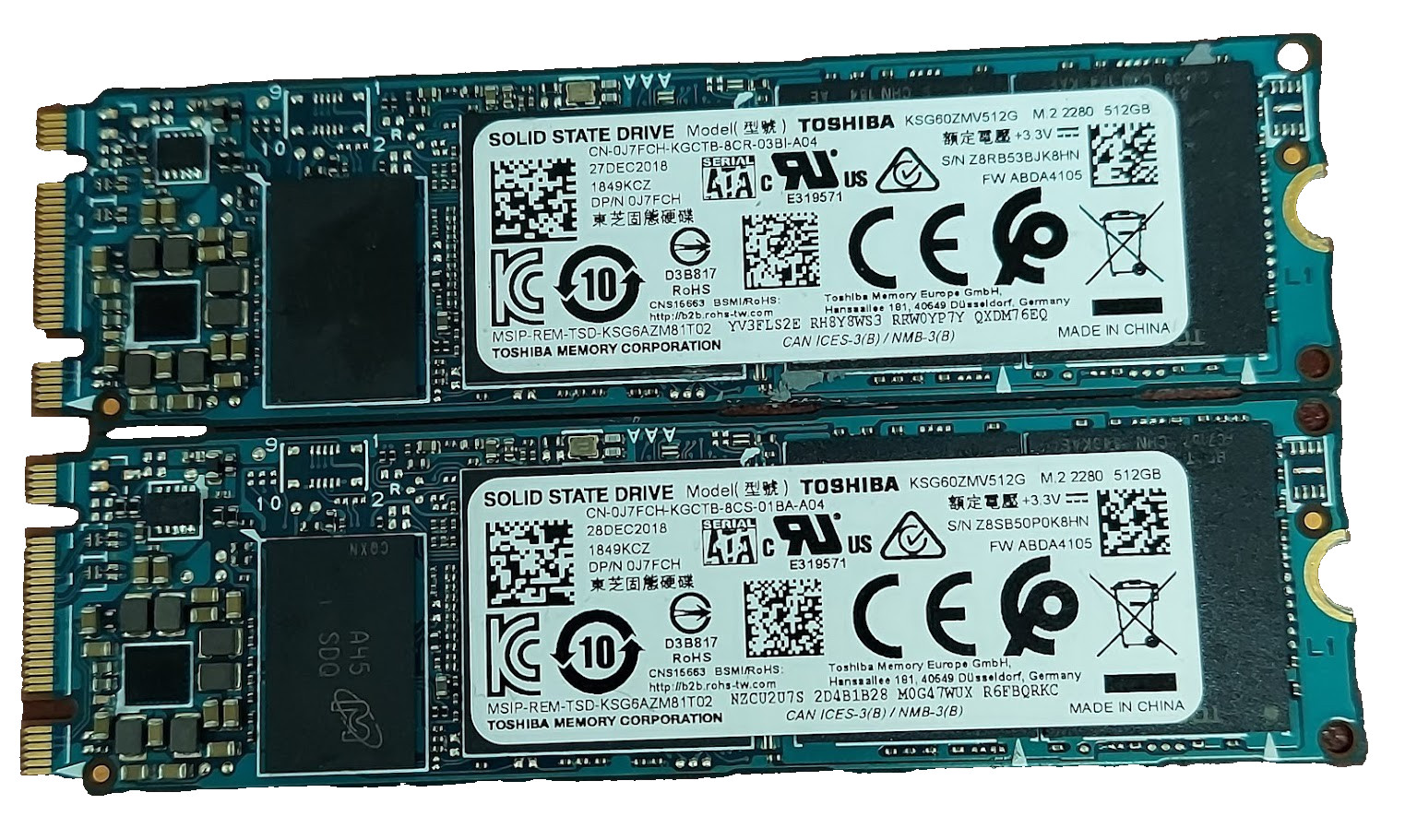 Lot of 2 Toshiba KXG5AZNV512G XG5 M.2 SSD 512GB