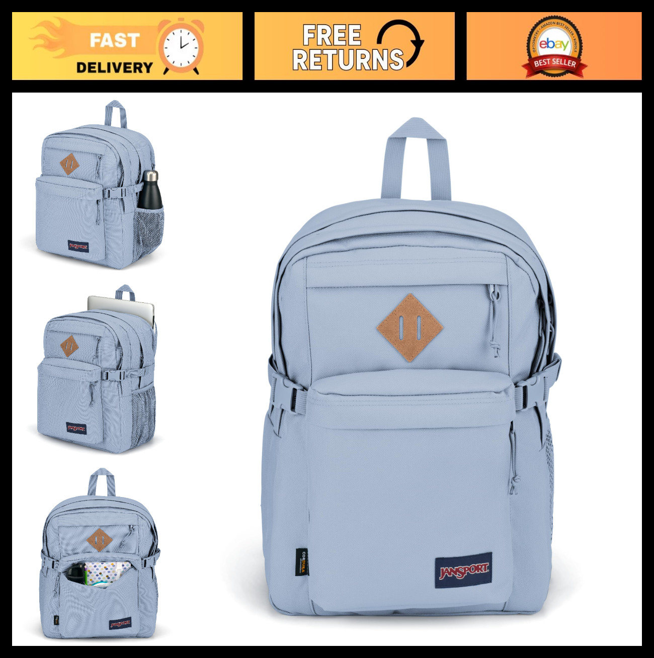 Spacious 15-Inch Laptop Backpack for Travel or Work, Leather Trim, Blue Dusk