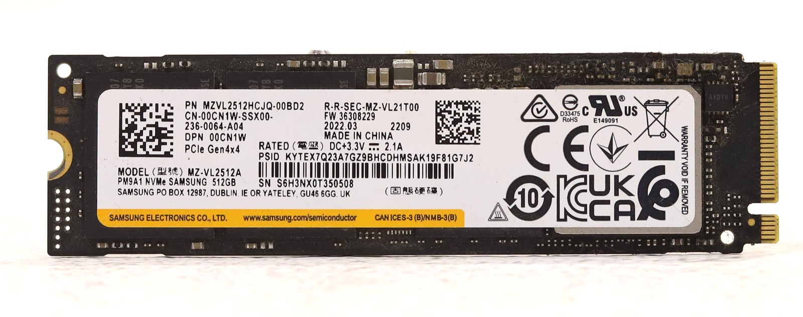 Samsung MZ-VL2512A 512GB M.2 2280 PCIe Gen4x4 NVMe SSD Dell P/N: 00CN1W Tested
