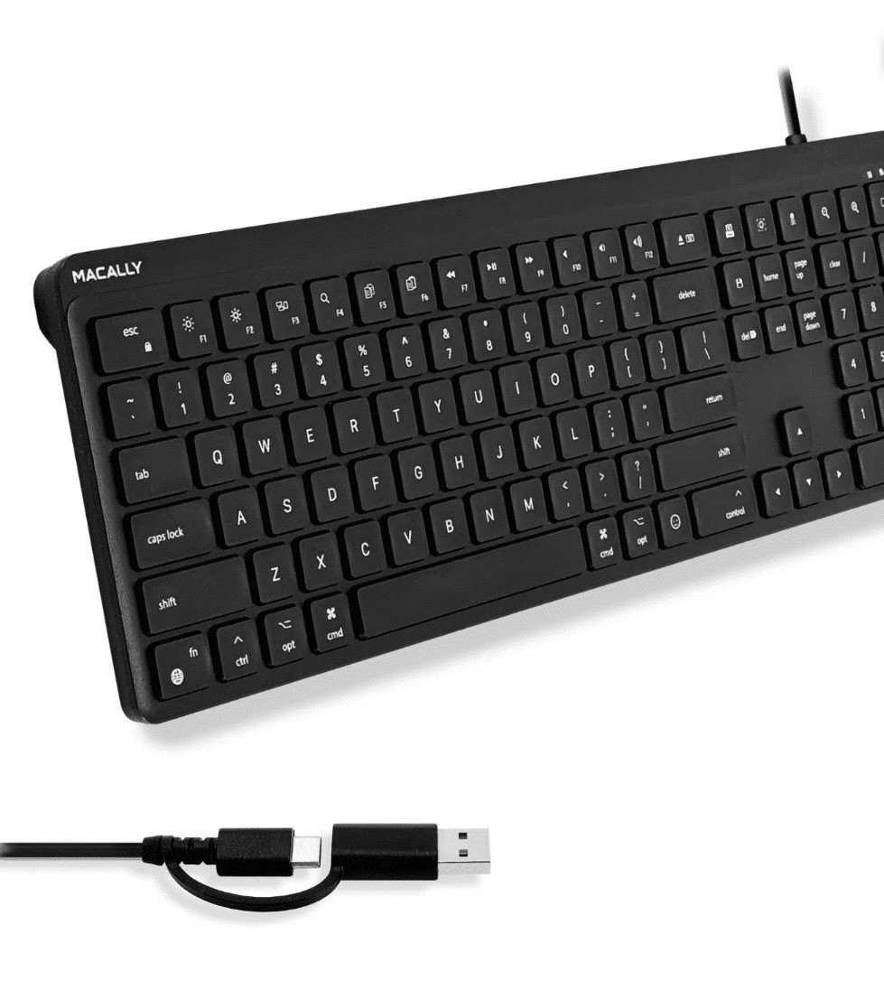 Macally Mac Wired Keyboard USB C + A (Dual Plug) - Full 107 Keys, 22 Shortcuts