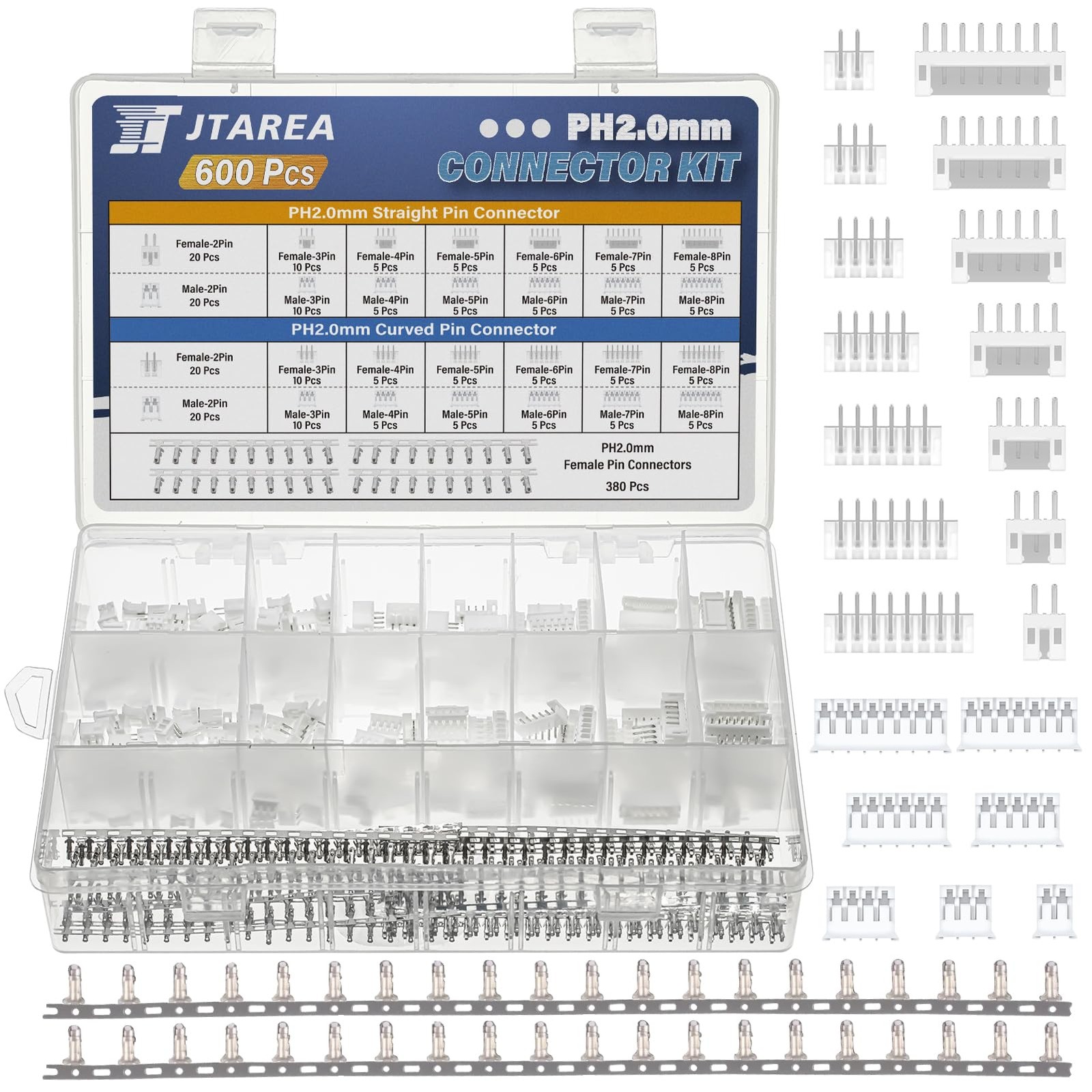 JTAREA 29Values 600PCS JST PH 2.0 MM Connector Kit 2.0MM 2 3 4 5 6 7 8 Pin Femal