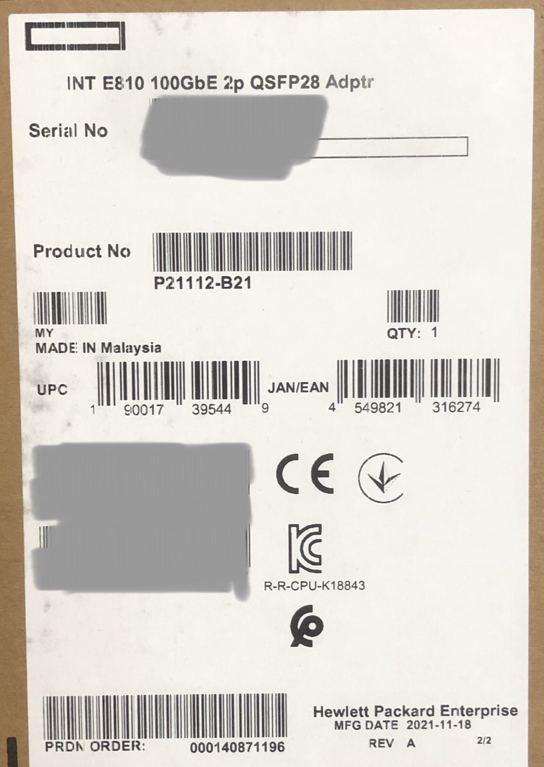 HPE Intel P21112-B21 E810 100GbE 2P Server Network Adapter NIC 2 Port QSFP28