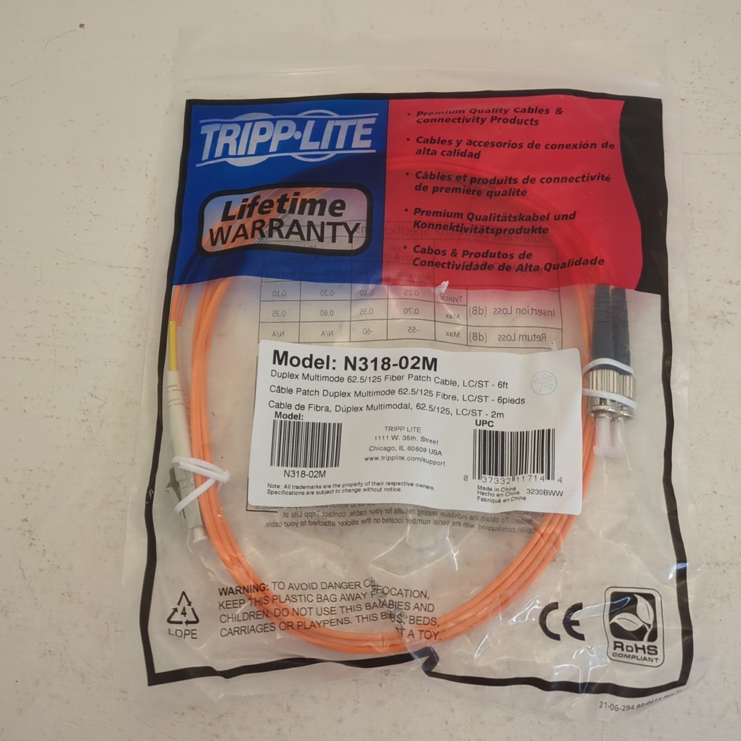 Eaton Tripp Lite series Duplex Multimode 62.5/125 Fiber Patch Cable (LC/ST), 2M