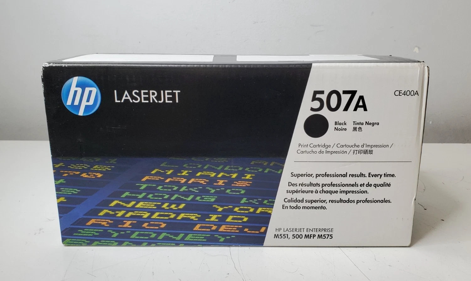 New/Sealed HP LaserJet 507A Black Print Cartridge  box has a little damage