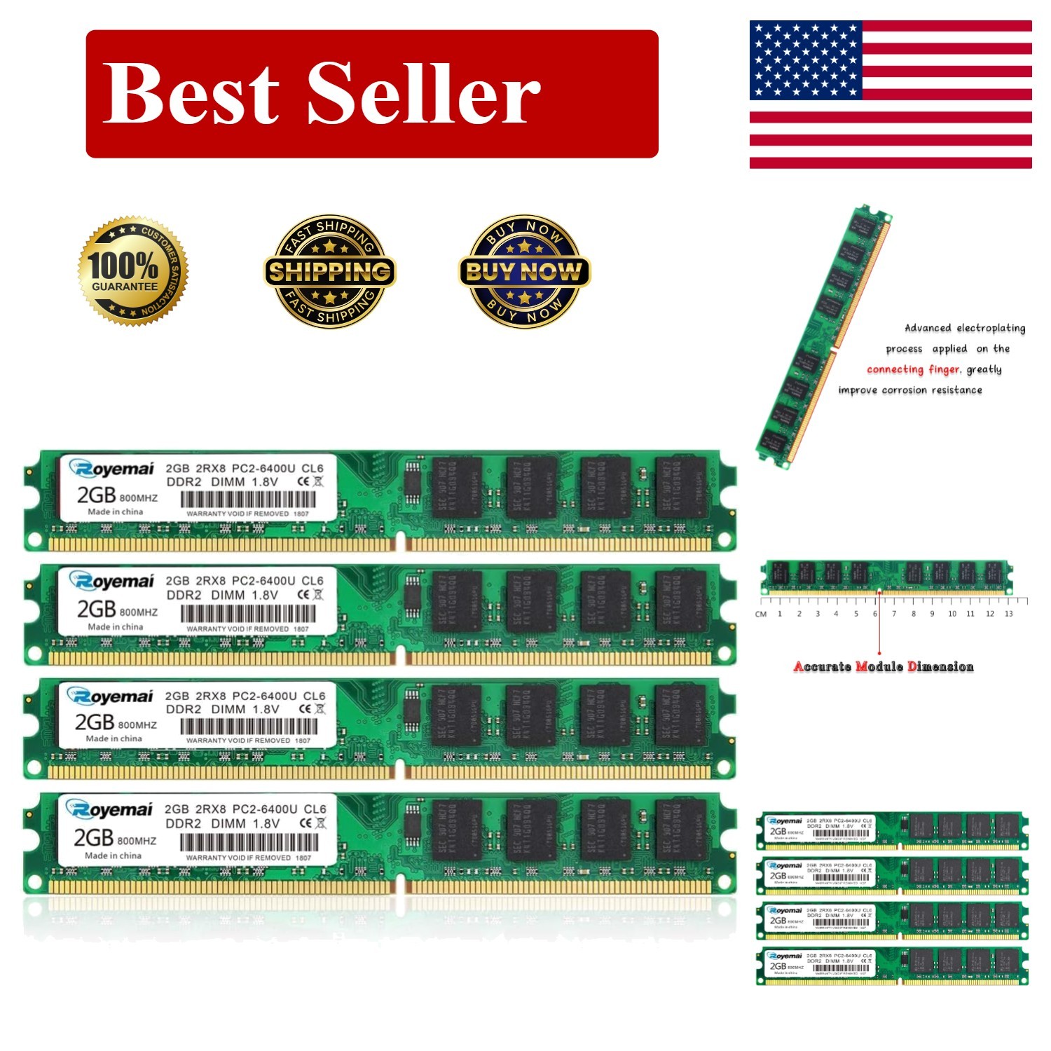 DDR2 800 PC2-6400 8GB DDR2 Kit (4X2Gb) DDR2-800 Udimm 2GB Ram 2RX8 1.8V CL6 Non-