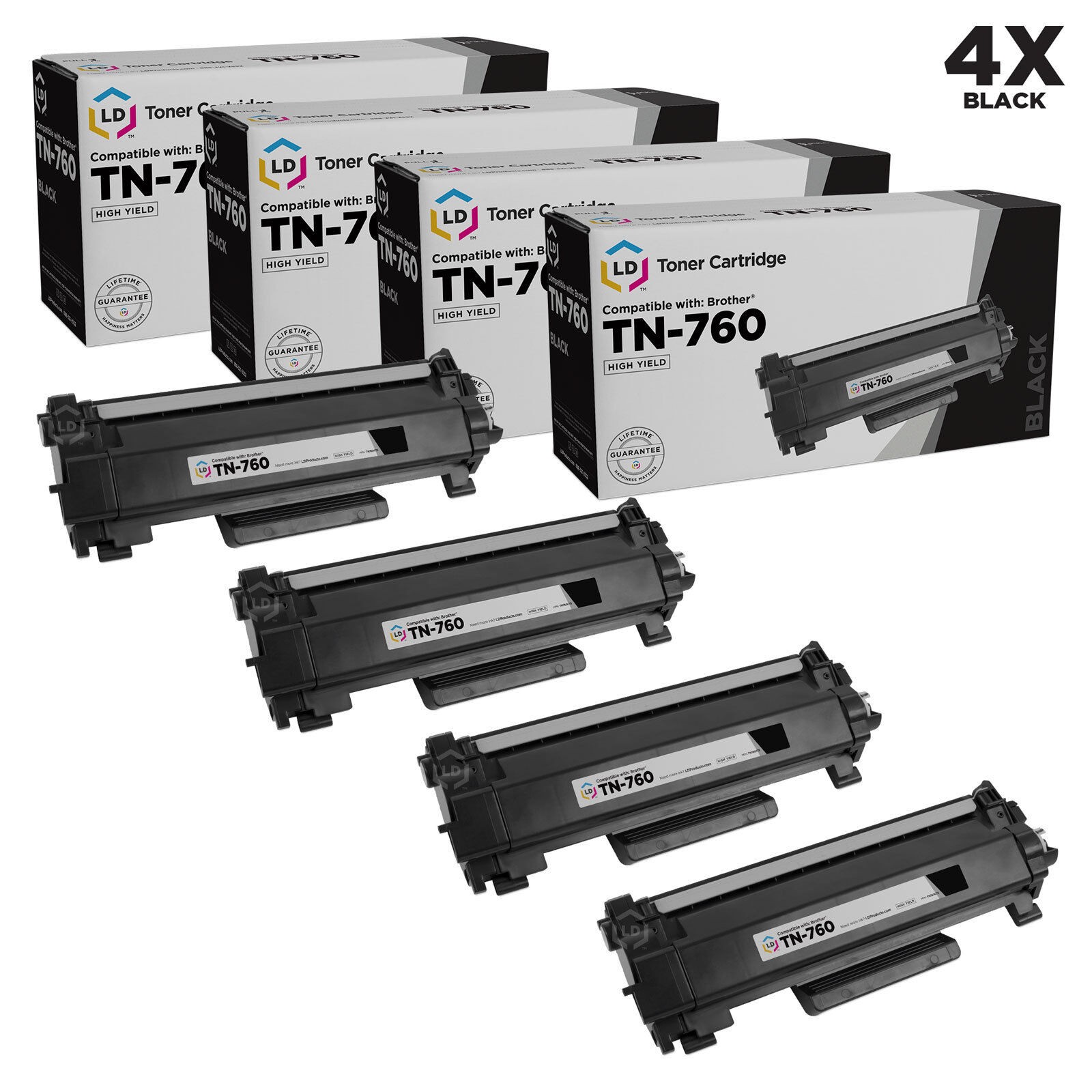 LD Compatible Replacement for Brother TN760 Pack of 4 HY Black Toner Cartridges