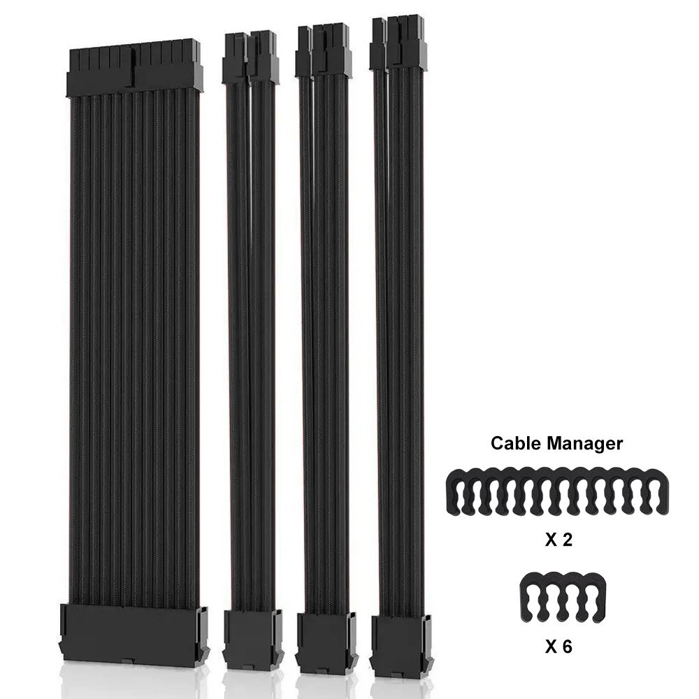 PSU Cable Extension Kit Black PC Power Supply Extend Mod 18AWG with 24 Pin ATX