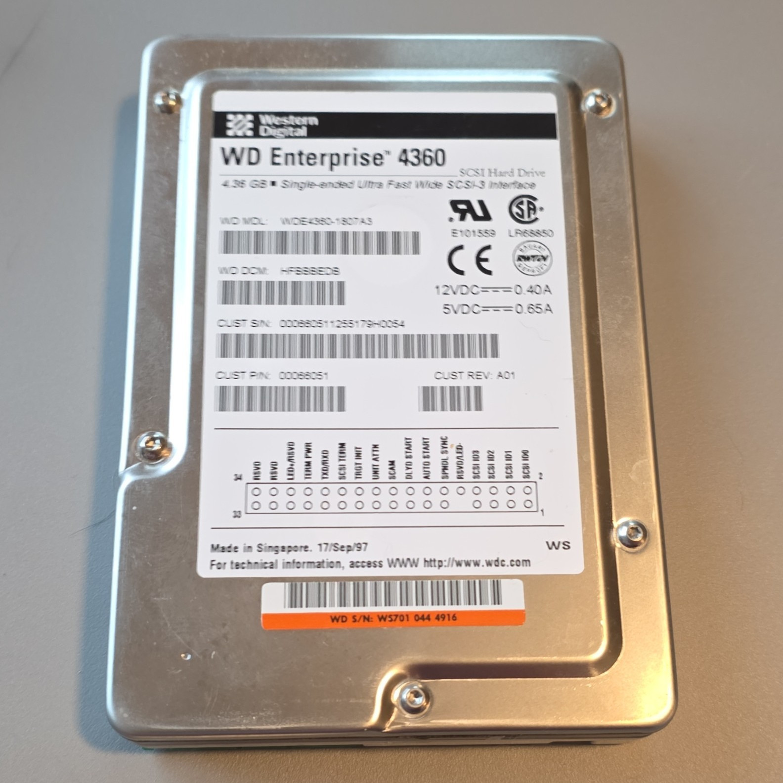Western Digital Enterprise 4360 4.3GB single-ended UltraFastWide SCSI3 HardDrive