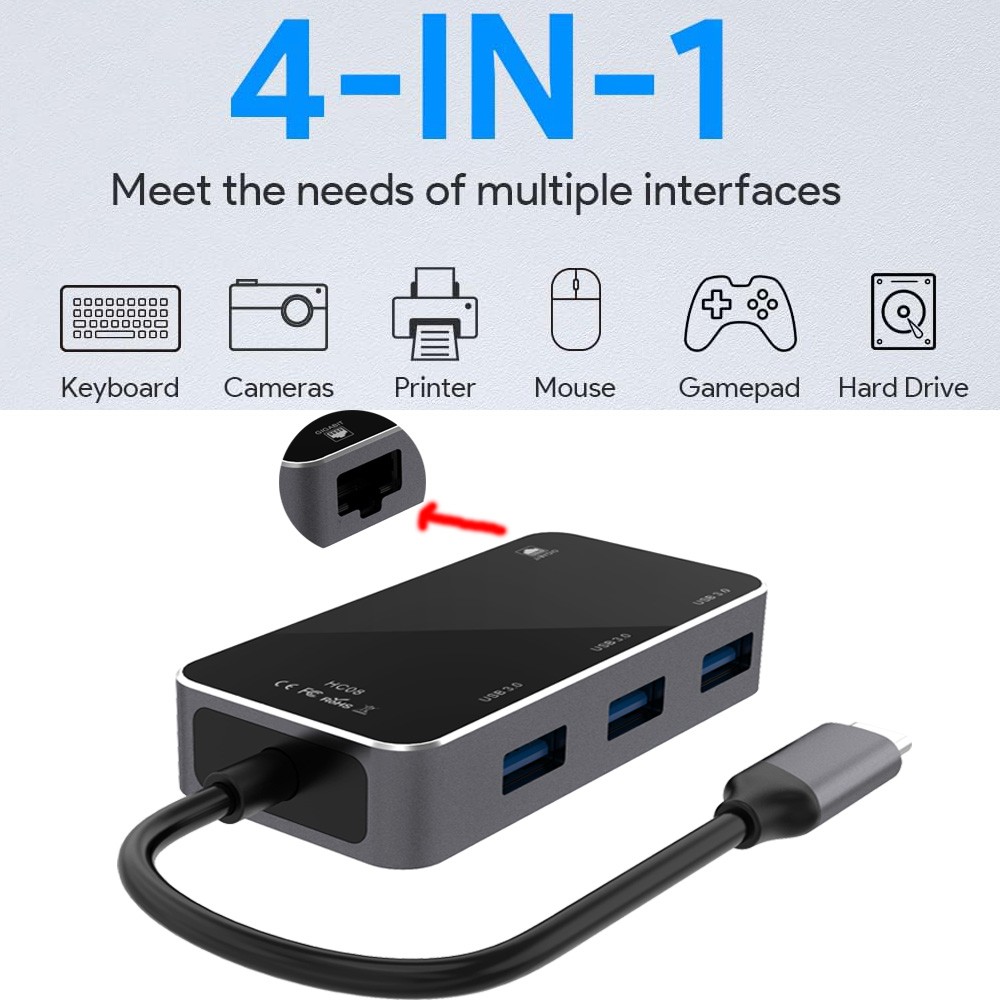 4-In-1 USB-C Adapter Hub with Gigabit RJ45 Ethernet and USB 3.0 for Laptop PC