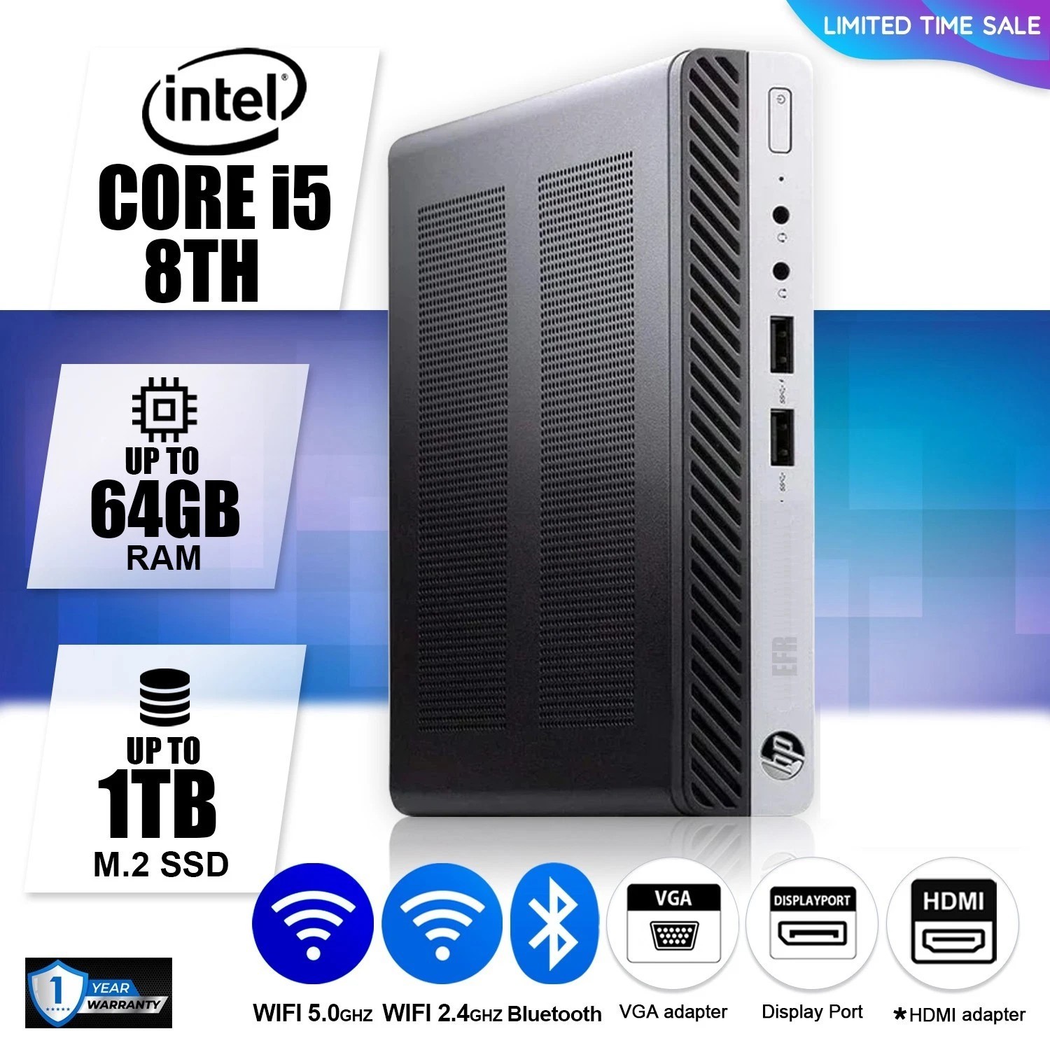 HP Mini Desktop Computer PC, Up to i5 8th 32GB RAM 1TB SSD, Windows 11, WiFi BT