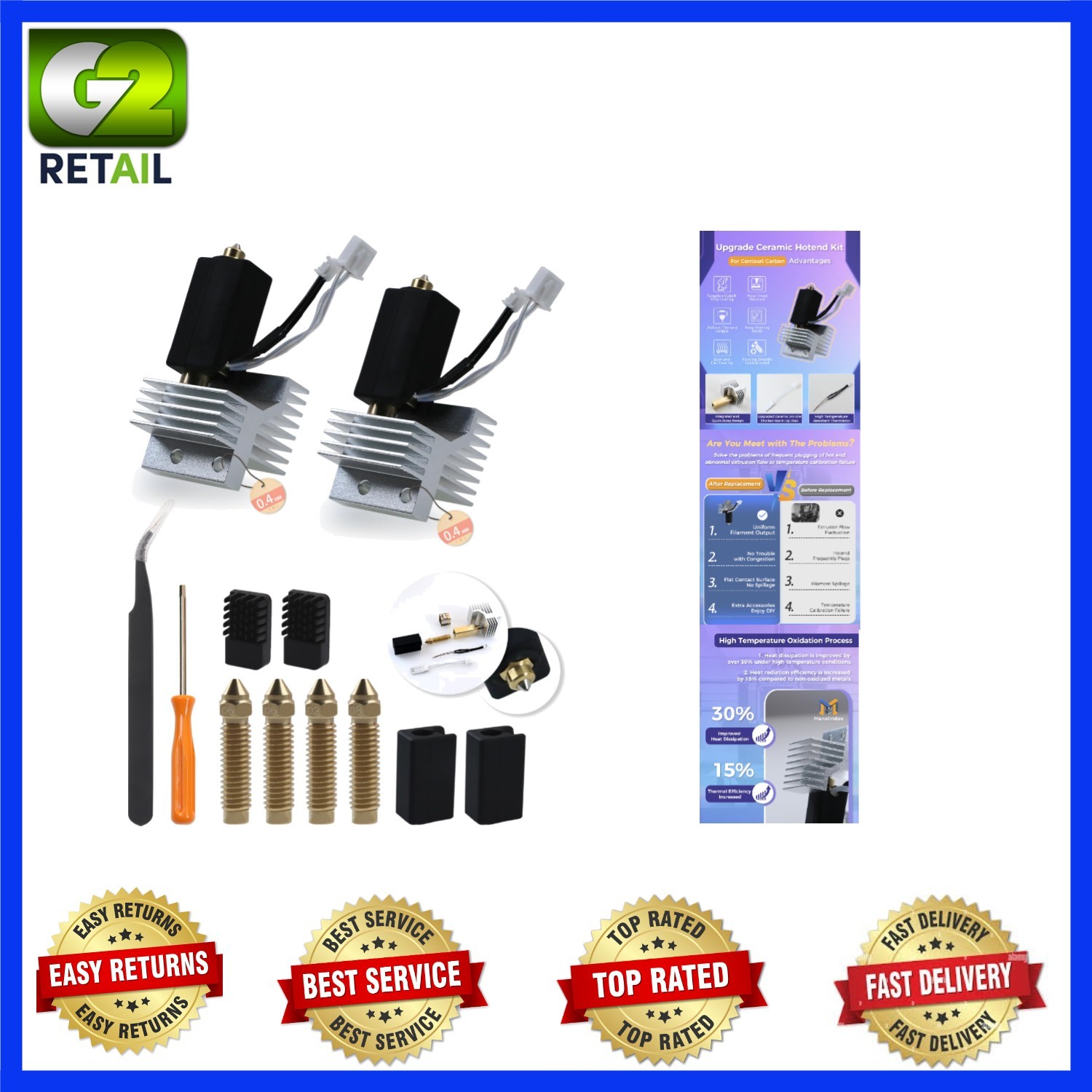 2Pack 0.4MM Upgrade Ceramic Hotend for Elegoo Centauri Carbon, Thermal Efficienc