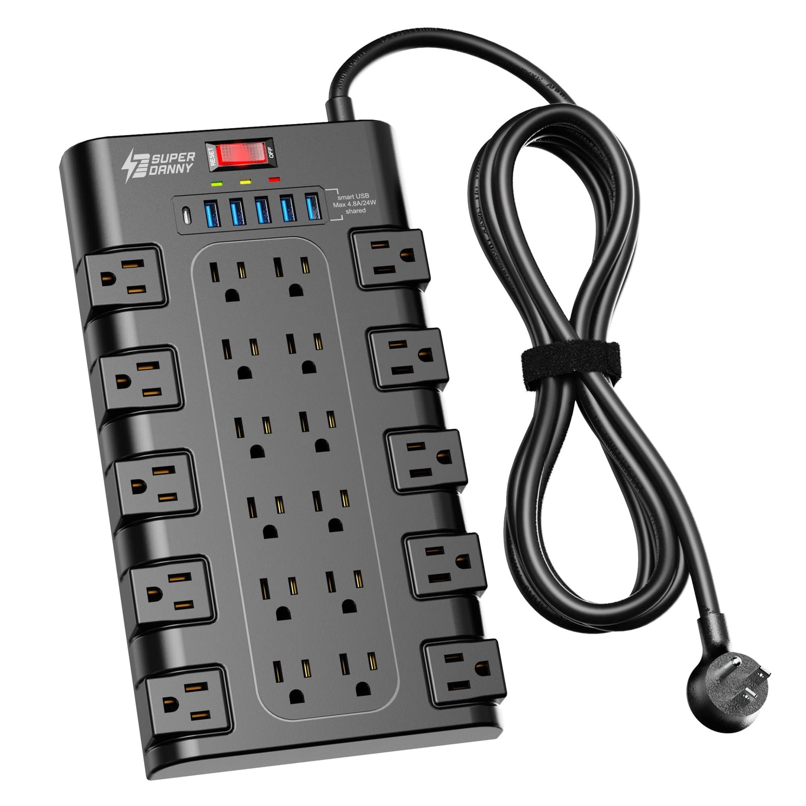 SUPERDANNY Power Strip 22 AC Outlets 6 USB 1875W 15A 2100 Joules 6.5ft Flat