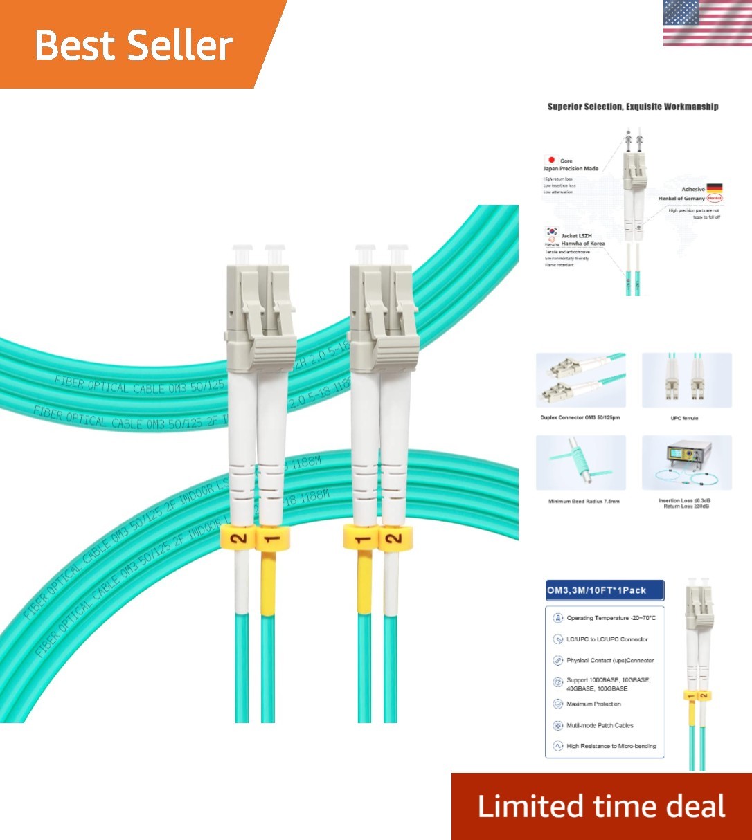 10FT LC to LC Fiber Patch Cable OM3 10GB Multimode, Versatile Lengths 0.2m-200m