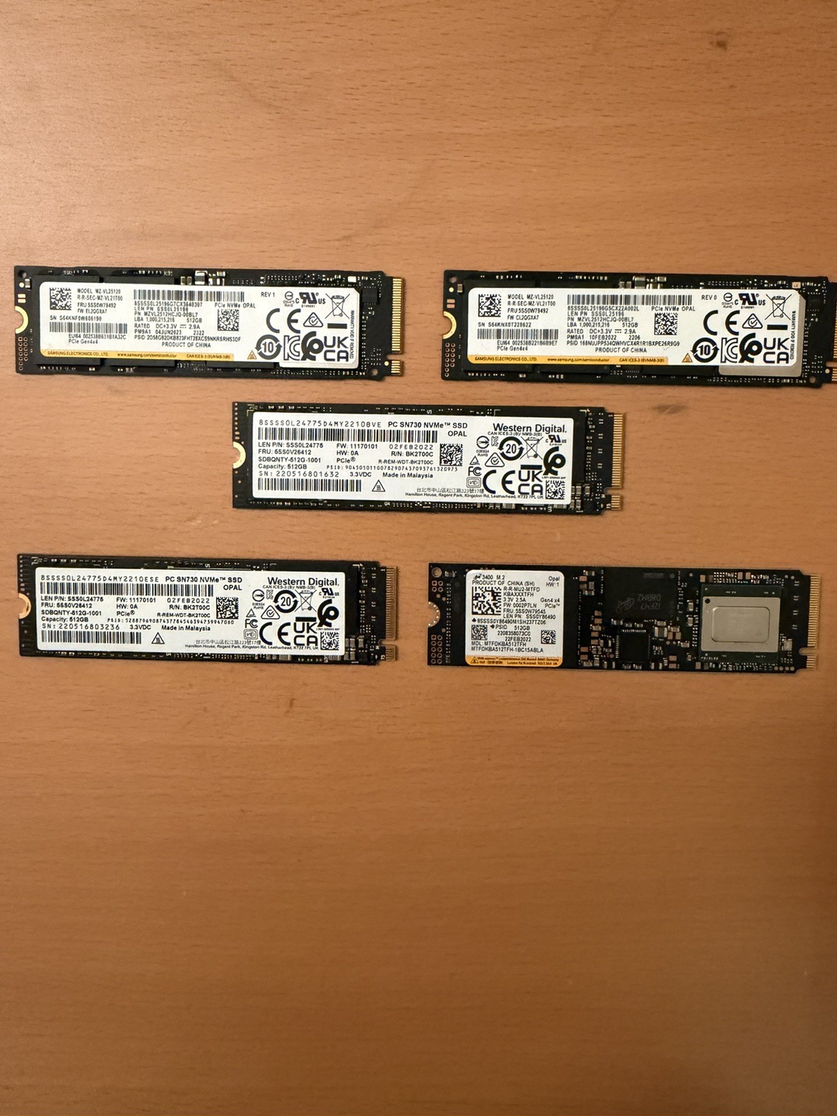 LOT OF 5 - 512GB M.2 NVme 2280 SSD - Solid State Drives - Various Brands