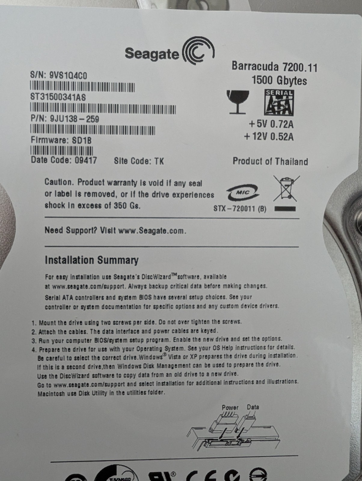 Seagate ST31500341AS 9JU138-259 SD1B (9VS) TK Thailand 1.5TB Sata HDD APRIL/2009