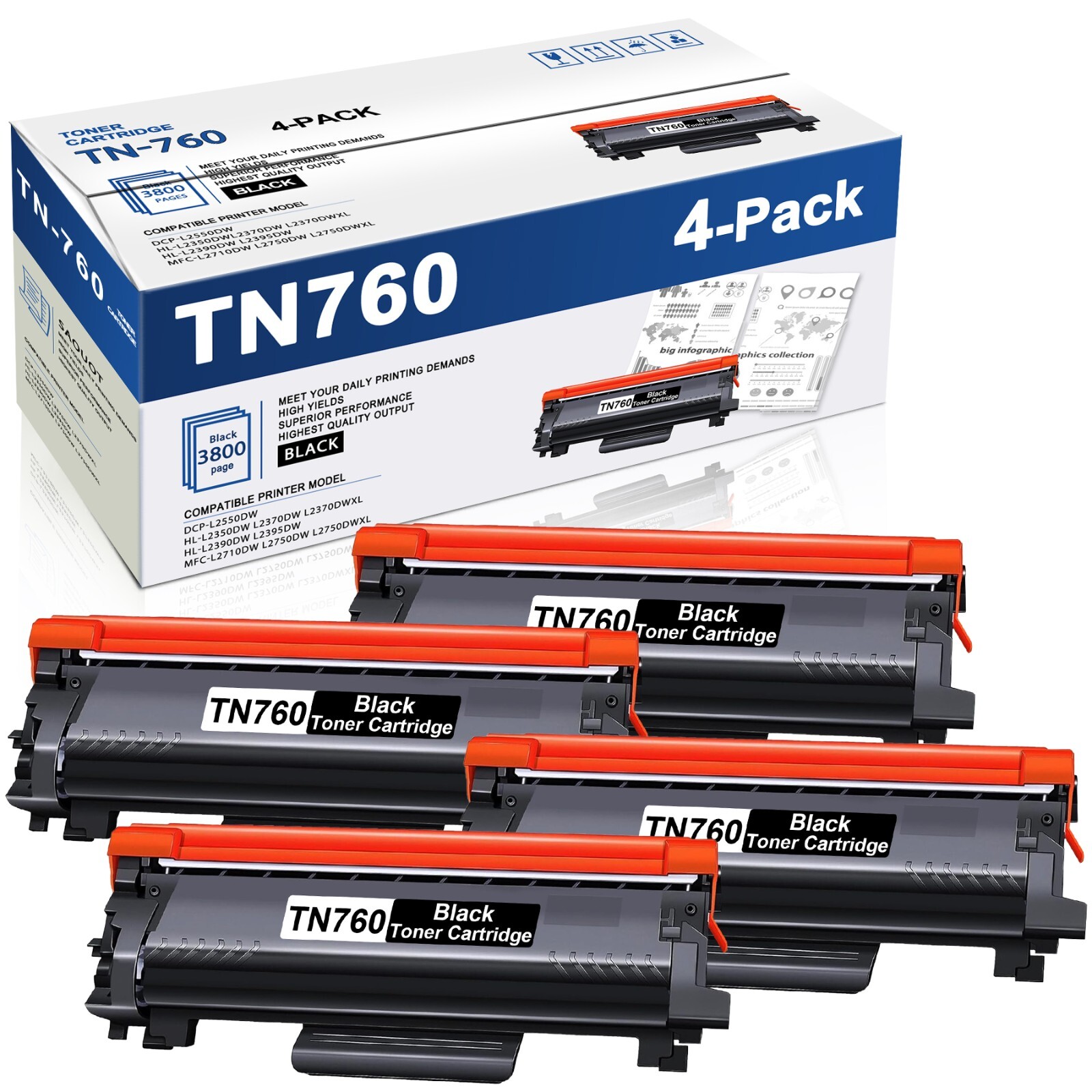 4 Pack TN760 TN 760 Toner Cartridge Replacement for Brother TN-760 HL-L2390DW