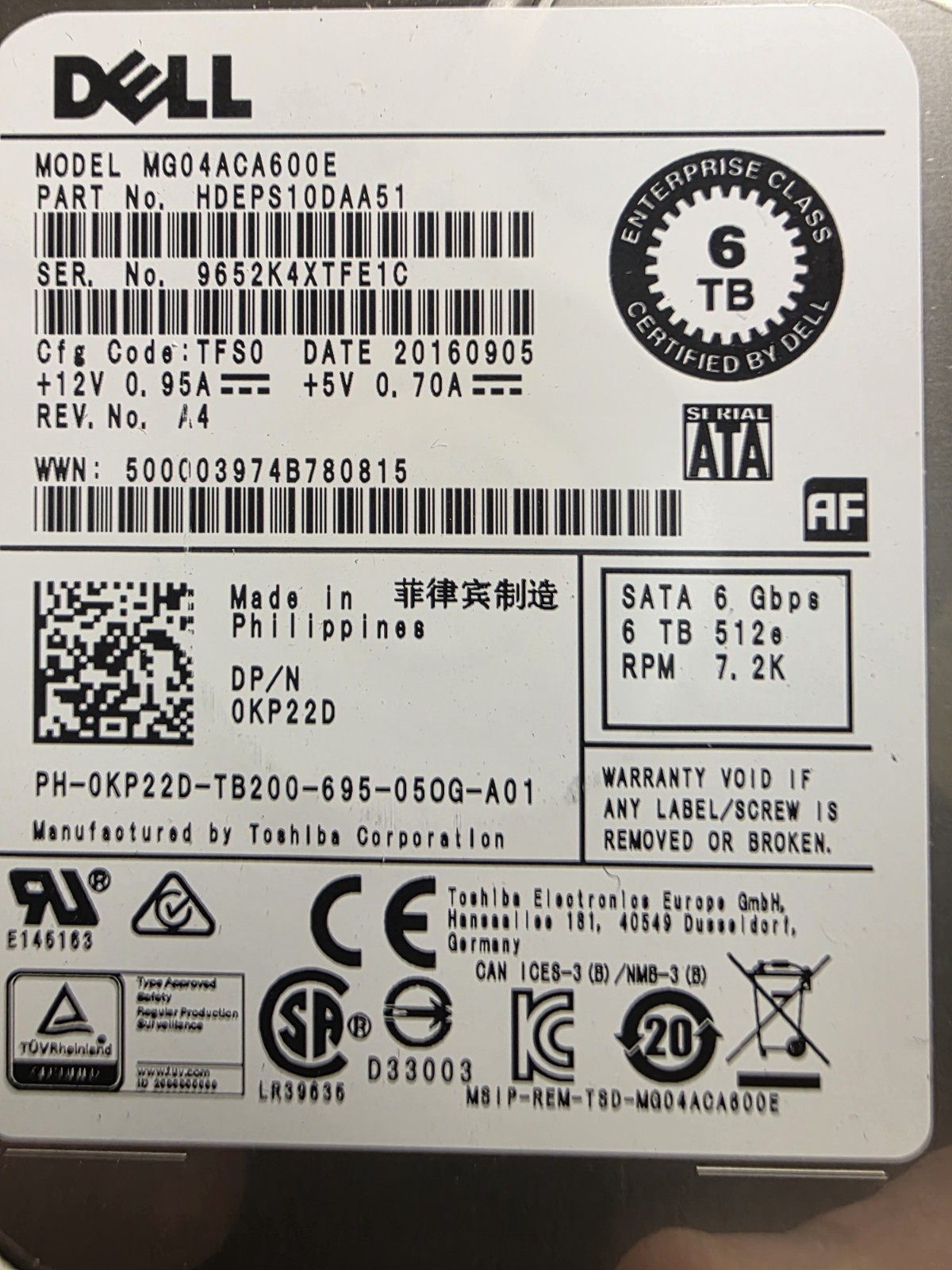 Lot Of 6 - Dell 0KP22D MG04ACA600E 6TB 7.2K 6Gb/s SATA 3.5" Internal Hard Drive 