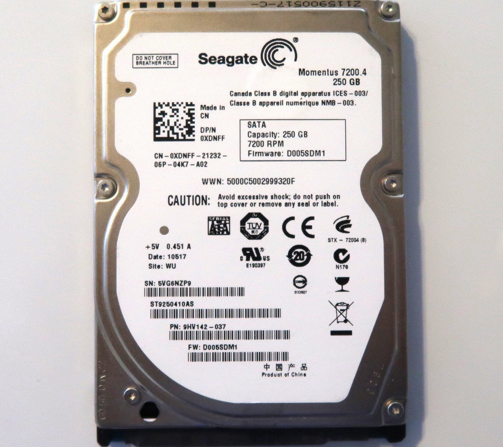 Seagate ST9250410AS 9HV142-037 D005SDM1 (5VG6) WU China 2.5" 250gb Sata JUN-2010