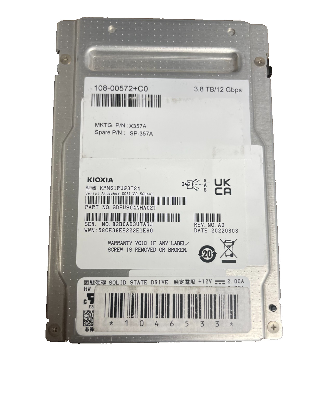 Kioxia 3.84TB SAS 24Gbps 2.5in Enterprise SSD KPM61RUG3T84