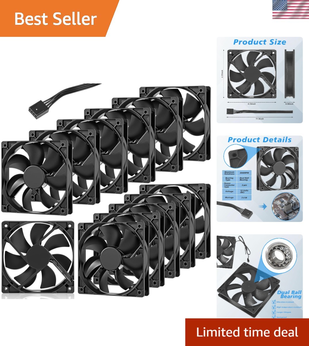 12 Pack 120 mm Computer Case Fans 3000 RPM High Performance Cooling 3 Pin 12v...