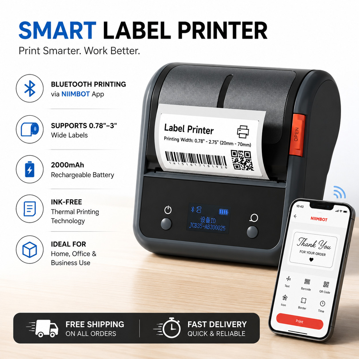 AUSHA Bluetooth Thermal Label Printer 3" Inkless Portable Wireless Rechargeable