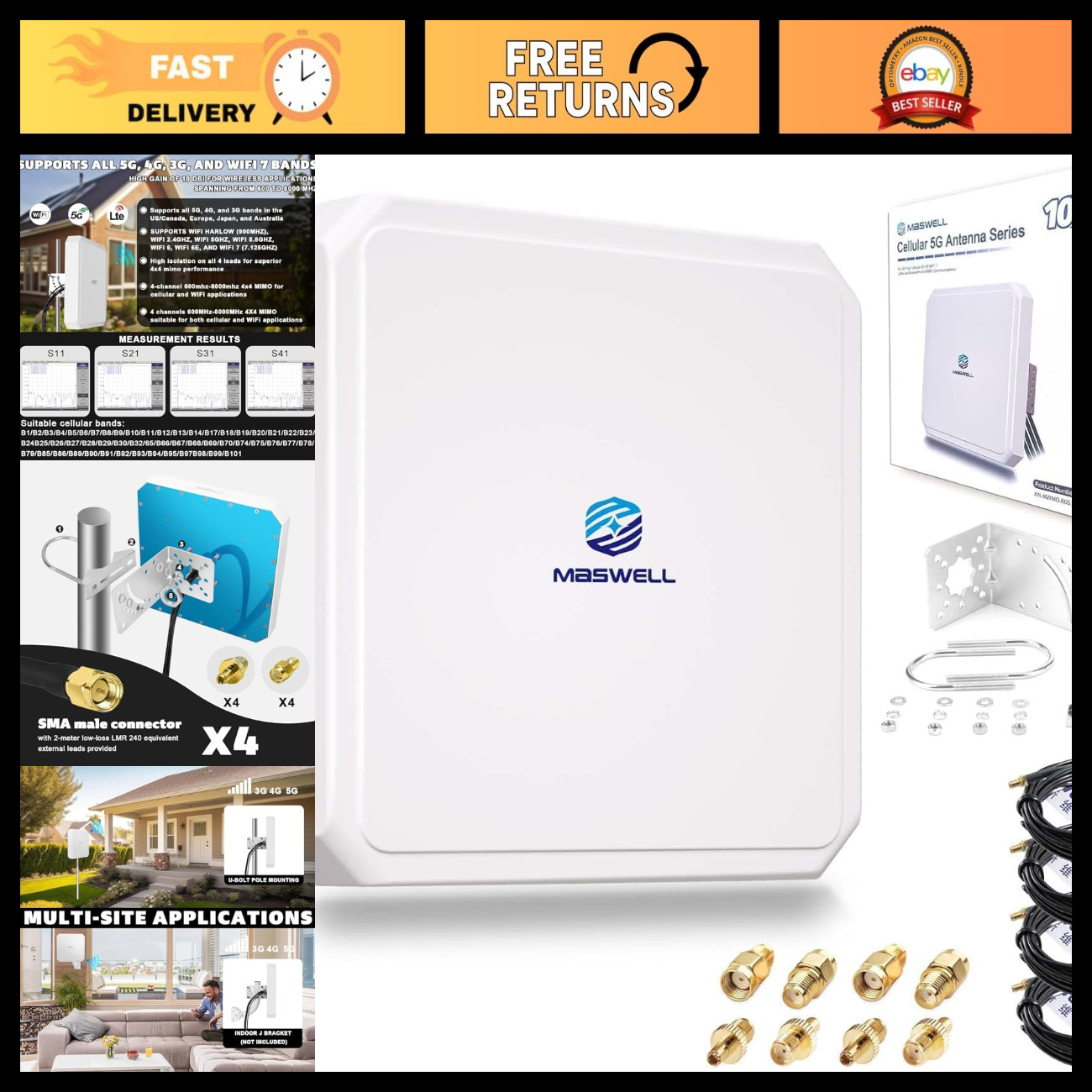 4G LTE 5G Panel Antenna 10dBi High Gain 4X4 MIMO External 600-8000MHz Kit